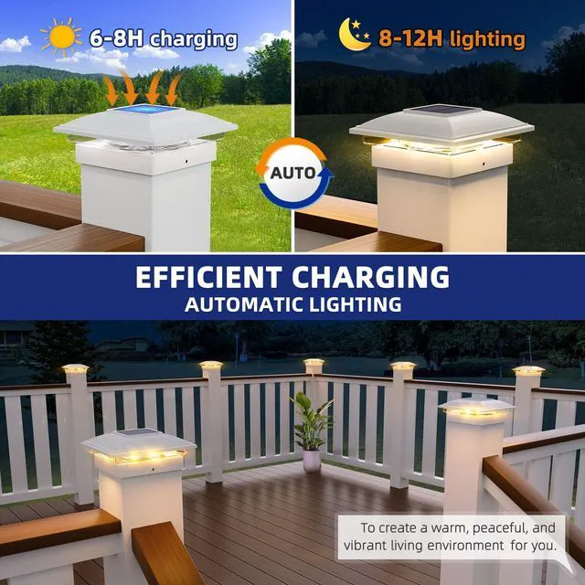 Alt view image 6 of 7 - Solar Post Cap Lights - 12 Pack Outdoor Waterproof for 4x4, 5x5, 6x6 Posts, 2 Modes Warm/Cool Light, Solar Powered Fence/Deck/Patio Decor, White