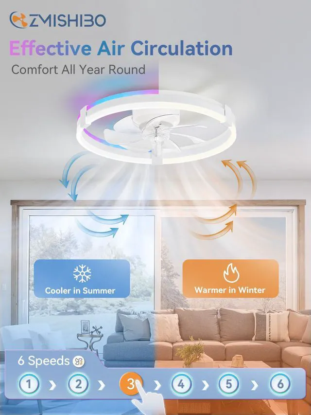 Alt view image 3 of 7 - 20" RGB Low Profile Ceiling Fans with Lights and Remote, White Custom RGB+3CCT Dimmable, 6 Speeds, Remote/App Control, Reversible DC Motor, Memory, Timer, Modern Fandelier for Kids/Bedroom