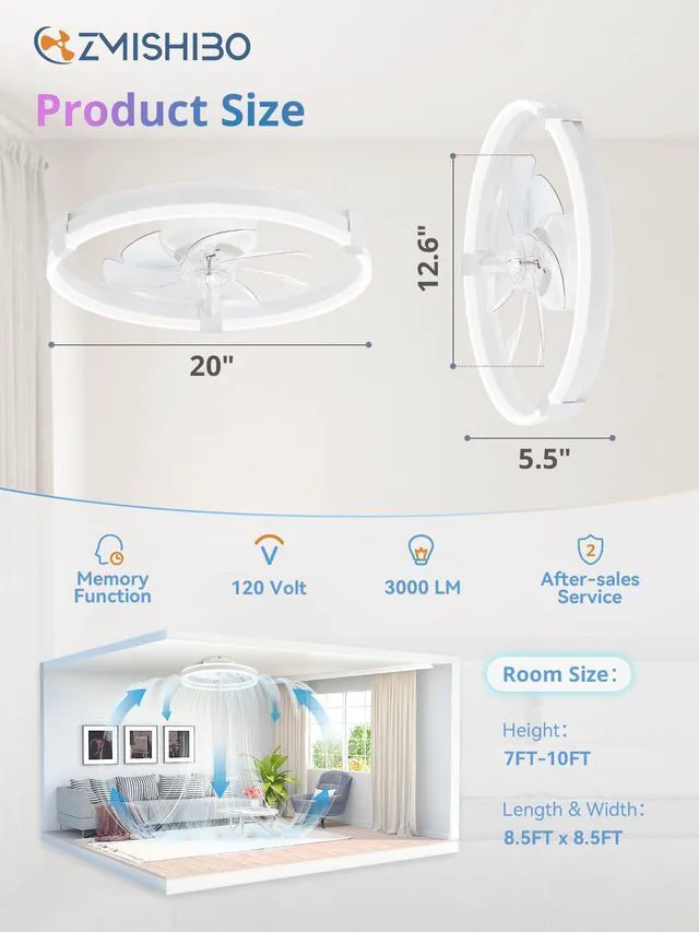 Alt view image 4 of 7 - 20" RGB Low Profile Ceiling Fans with Lights and Remote, White Custom RGB+3CCT Dimmable, 6 Speeds, Remote/App Control, Reversible DC Motor, Memory, Timer, Modern Fandelier for Kids/Bedroom