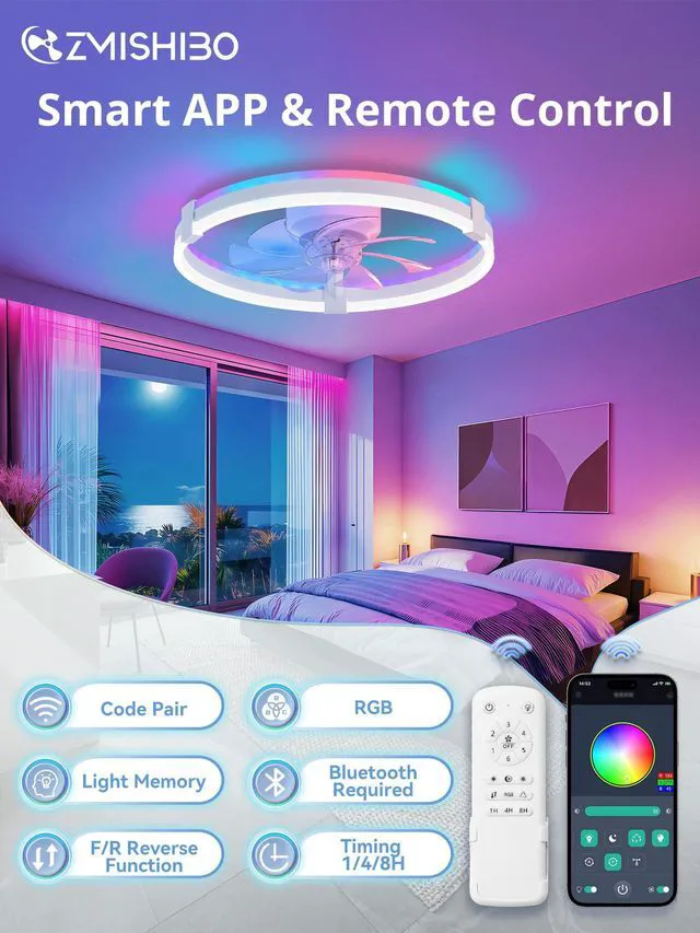 Alt view image 6 of 7 - 20" RGB Low Profile Ceiling Fans with Lights and Remote, White Custom RGB+3CCT Dimmable, 6 Speeds, Remote/App Control, Reversible DC Motor, Memory, Timer, Modern Fandelier for Kids/Bedroom
