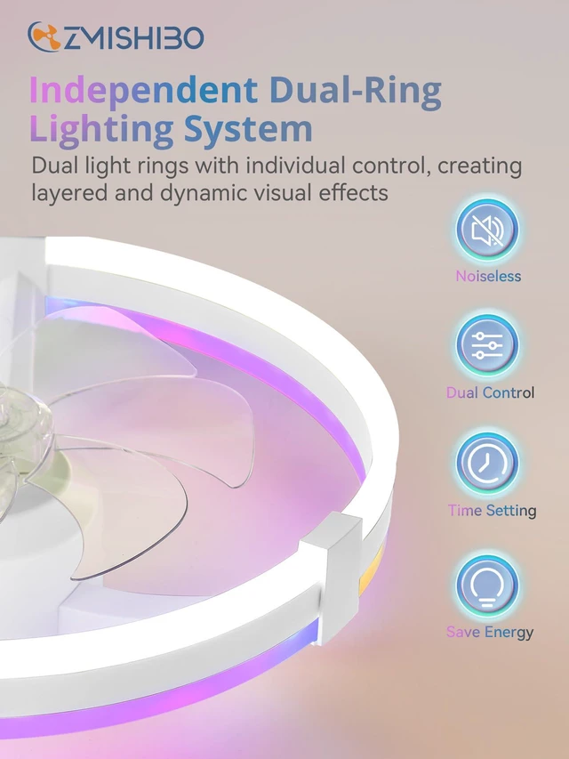 Alt view image 7 of 7 - 20" RGB Low Profile Ceiling Fans with Lights and Remote, White Custom RGB+3CCT Dimmable, 6 Speeds, Remote/App Control, Reversible DC Motor, Memory, Timer, Modern Fandelier for Kids/Bedroom