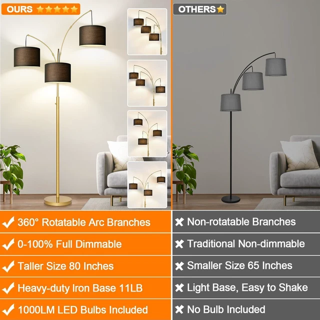 Alt view image 2 of 7 - Dimmable Floor Lamp - 3 Lights Gold Arc Floor Lamps for Living Room, 1000LM Modern Tall Standing Lamp With Black Shades&Heavy Base, Mid Century Tree Floor Lamp for Bedroom Office, 3 LED Bulbs Included