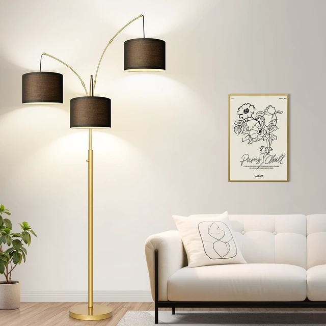 Main image of Dimmable Floor Lamp - 3 Lights Gold Arc Floor Lamps for Living Room, 1000LM Modern Tall Standing Lamp With Black Shades&Heavy Base, Mid Century Tree Floor Lamp for Bedroom Office, 3 LED Bulbs Included