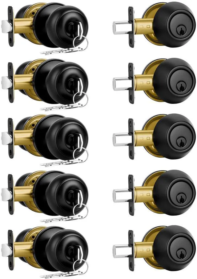 Main image of 5 Pack Front Door Lock Set Matte Black,Exterior Door Lock Set with Deadbolt,Single Cylinder Deadbolt Lock and Door Knob Set,Keyed Alike Door Knobs with Lock&Keys,Round Ball Entry Door Lockset