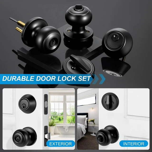 Alt view image 2 of 7 - 5 Pack Front Door Lock Set Matte Black,Exterior Door Lock Set with Deadbolt,Single Cylinder Deadbolt Lock and Door Knob Set,Keyed Alike Door Knobs with Lock&Keys,Round Ball Entry Door Lockset