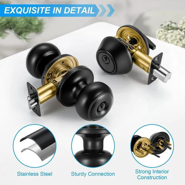 Alt view image 3 of 7 - 5 Pack Front Door Lock Set Matte Black,Exterior Door Lock Set with Deadbolt,Single Cylinder Deadbolt Lock and Door Knob Set,Keyed Alike Door Knobs with Lock&Keys,Round Ball Entry Door Lockset