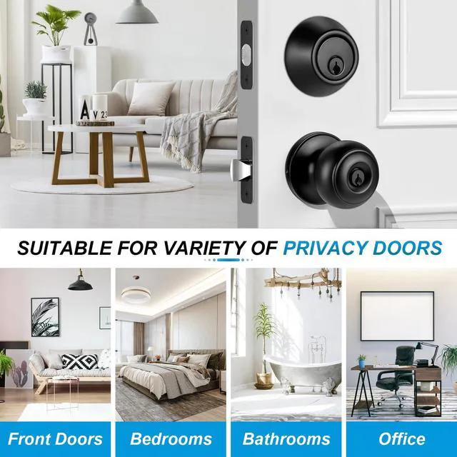 Alt view image 4 of 7 - 5 Pack Front Door Lock Set Matte Black,Exterior Door Lock Set with Deadbolt,Single Cylinder Deadbolt Lock and Door Knob Set,Keyed Alike Door Knobs with Lock&Keys,Round Ball Entry Door Lockset