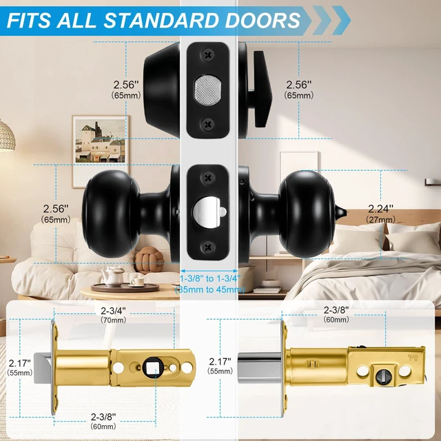 Alt view image 5 of 7 - 5 Pack Front Door Lock Set Matte Black,Exterior Door Lock Set with Deadbolt,Single Cylinder Deadbolt Lock and Door Knob Set,Keyed Alike Door Knobs with Lock&Keys,Round Ball Entry Door Lockset