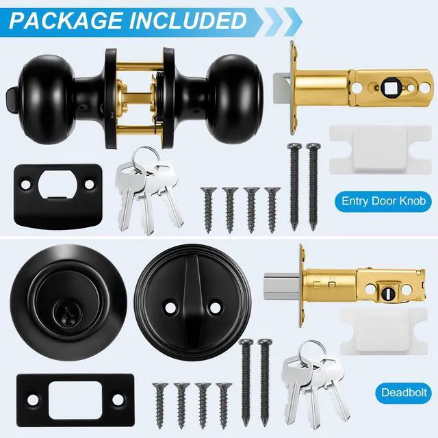 Alt view image 6 of 7 - 5 Pack Front Door Lock Set Matte Black,Exterior Door Lock Set with Deadbolt,Single Cylinder Deadbolt Lock and Door Knob Set,Keyed Alike Door Knobs with Lock&Keys,Round Ball Entry Door Lockset