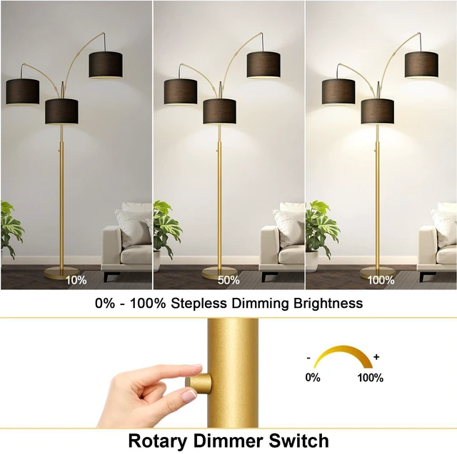Alt view image 3 of 7 - Dimmable Floor Lamp - 3 Lights Gold Arc Floor Lamps for Living Room, 1000LM Modern Tall Standing Lamp With Black Shades&Heavy Base, Mid Century Tree Floor Lamp for Bedroom Office, 3 LED Bulbs Included
