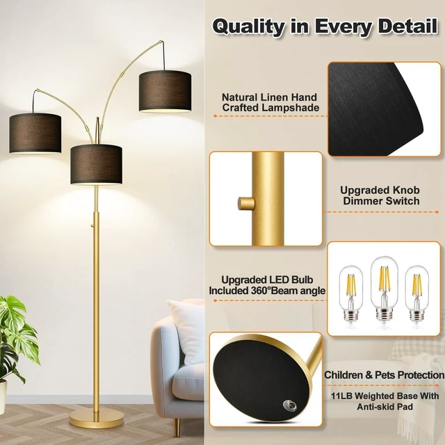 Alt view image 4 of 7 - Dimmable Floor Lamp - 3 Lights Gold Arc Floor Lamps for Living Room, 1000LM Modern Tall Standing Lamp With Black Shades&Heavy Base, Mid Century Tree Floor Lamp for Bedroom Office, 3 LED Bulbs Included