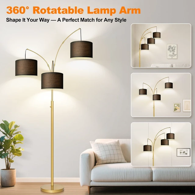 Alt view image 5 of 7 - Dimmable Floor Lamp - 3 Lights Gold Arc Floor Lamps for Living Room, 1000LM Modern Tall Standing Lamp With Black Shades&Heavy Base, Mid Century Tree Floor Lamp for Bedroom Office, 3 LED Bulbs Included