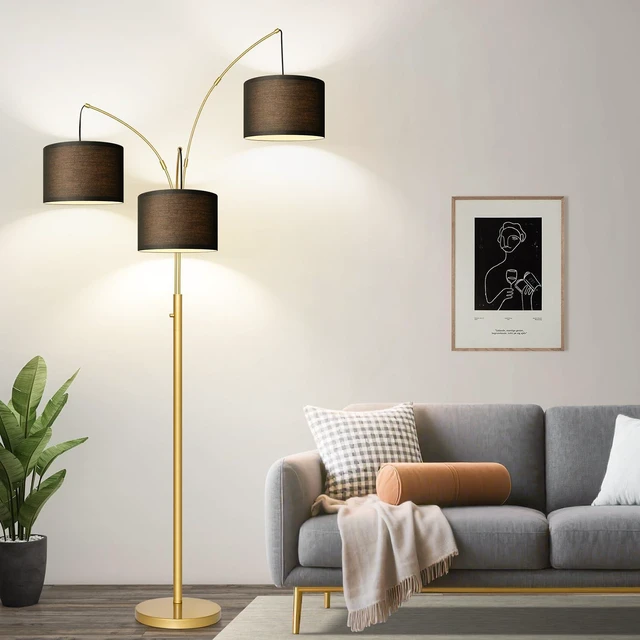 Alt view image 7 of 7 - Dimmable Floor Lamp - 3 Lights Gold Arc Floor Lamps for Living Room, 1000LM Modern Tall Standing Lamp With Black Shades&Heavy Base, Mid Century Tree Floor Lamp for Bedroom Office, 3 LED Bulbs Included
