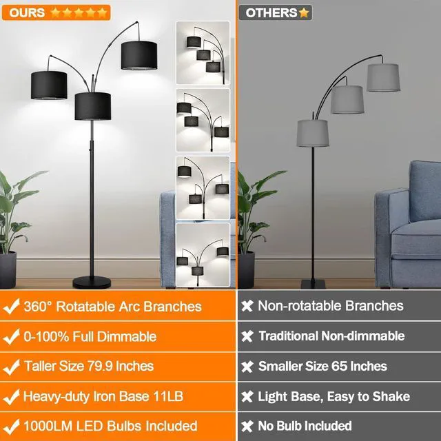 Alt view image 2 of 7 - Dimmable Floor Lamp - 3 Lights Arc Floor Lamps for Living Room, 1000LM Modern Tall Standing Lamp With Black Shades & Heavy Base, Mid Century Tree Floor Lamp for Bedroom Office, 3 LED Bulbs Included
