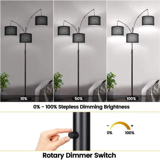 Alt view image 3 of 7 - Dimmable Floor Lamp - 3 Lights Arc Floor Lamps for Living Room, 1000LM Modern Tall Standing Lamp With Black Shades & Heavy Base, Mid Century Tree Floor Lamp for Bedroom Office, 3 LED Bulbs Included