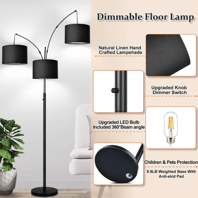 Alt view image 4 of 7 - Dimmable Floor Lamp - 3 Lights Arc Floor Lamps for Living Room, 1000LM Modern Tall Standing Lamp With Black Shades & Heavy Base, Mid Century Tree Floor Lamp for Bedroom Office, 3 LED Bulbs Included