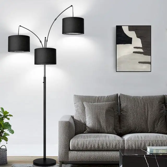 Alt view image 5 of 7 - Dimmable Floor Lamp - 3 Lights Arc Floor Lamps for Living Room, 1000LM Modern Tall Standing Lamp With Black Shades & Heavy Base, Mid Century Tree Floor Lamp for Bedroom Office, 3 LED Bulbs Included