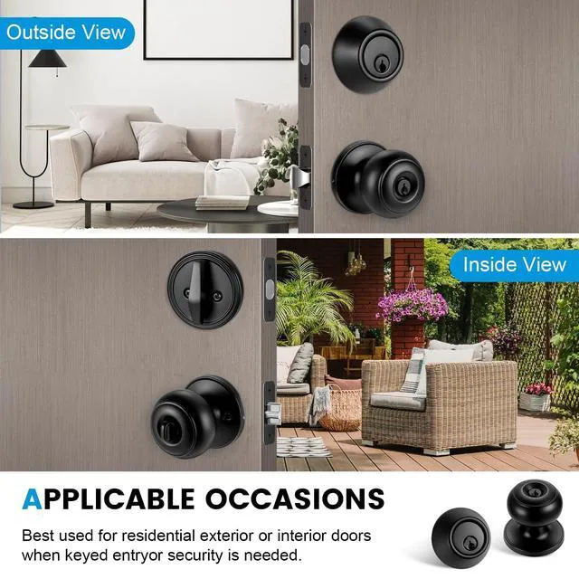 Alt view image 7 of 7 - 5 Pack Front Door Lock Set Matte Black,Exterior Door Lock Set with Deadbolt,Single Cylinder Deadbolt Lock and Door Knob Set,Keyed Alike Door Knobs with Lock&Keys,Round Ball Entry Door Lockset