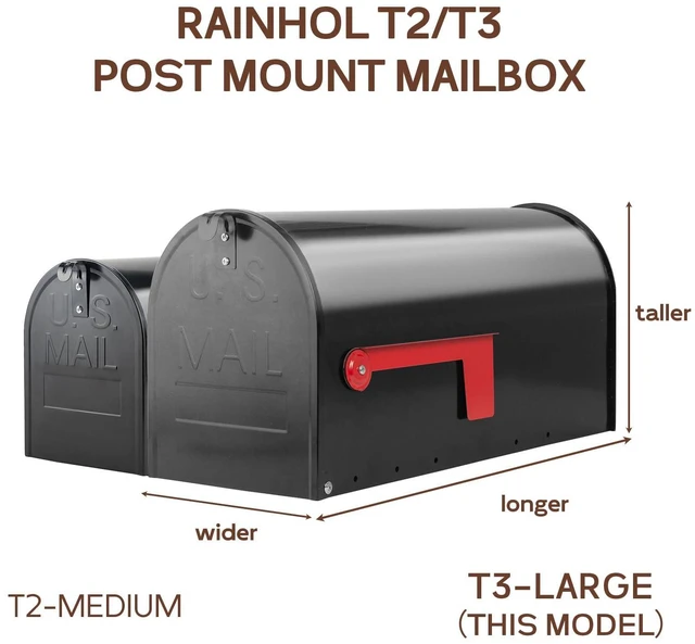 Alt view image 3 of 7 - Large Mailboxes for Outside, Black 23 x 10.7 x 8.9 Inches Metal Galvanized Steel Post Mount Mail Box, T3 Large Capacity