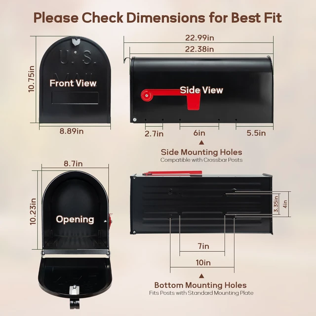 Alt view image 4 of 7 - Large Mailboxes for Outside, Black 23 x 10.7 x 8.9 Inches Metal Galvanized Steel Post Mount Mail Box, T3 Large Capacity