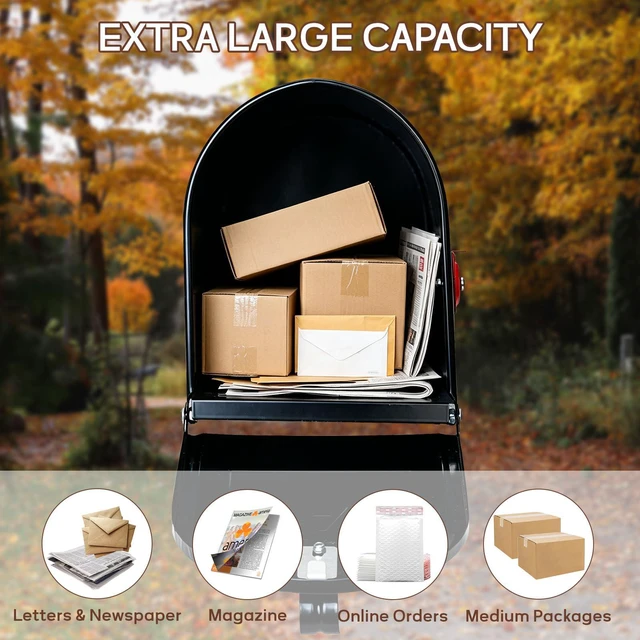 Alt view image 5 of 7 - Large Mailboxes for Outside, Black 23 x 10.7 x 8.9 Inches Metal Galvanized Steel Post Mount Mail Box, T3 Large Capacity