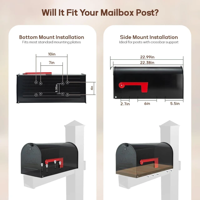 Alt view image 7 of 7 - Large Mailboxes for Outside, Black 23 x 10.7 x 8.9 Inches Metal Galvanized Steel Post Mount Mail Box, T3 Large Capacity