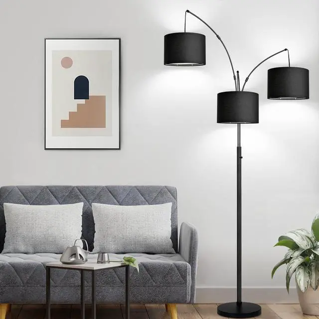 Alt view image 6 of 7 - Dimmable Floor Lamp - 3 Lights Arc Floor Lamps for Living Room, 1000LM Modern Tall Standing Lamp With Black Shades & Heavy Base, Mid Century Tree Floor Lamp for Bedroom Office, 3 LED Bulbs Included