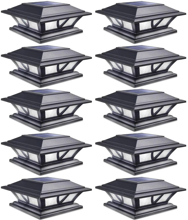 Main image of Solar Post Lights Outdoor 2 Modes LED, 10 Pack Black (Warm/White) Solar Post Cap Lights, Solar-Powered Waterproof Deck Fence Lights for 4x4 5x5 & 6x6 Wood or Vinyl Posts, Patio, Garden, Yard
