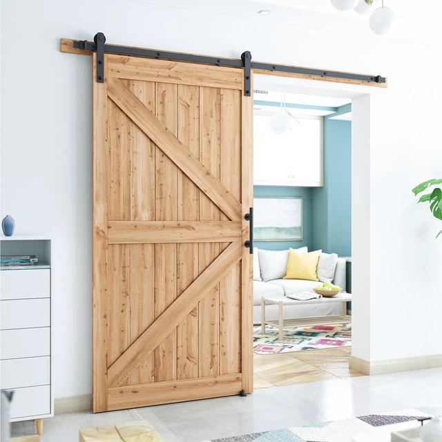 Alt view image 2 of 4 - 8.2 FT Heavy Duty Sturdy Sliding Barn Door Hardware Kit,Black (Whole Set Includes 1x Pull Handle Set & 1x Floor Guide) Fit 42"-48" Wide Door Panel (I Shape Hanger)