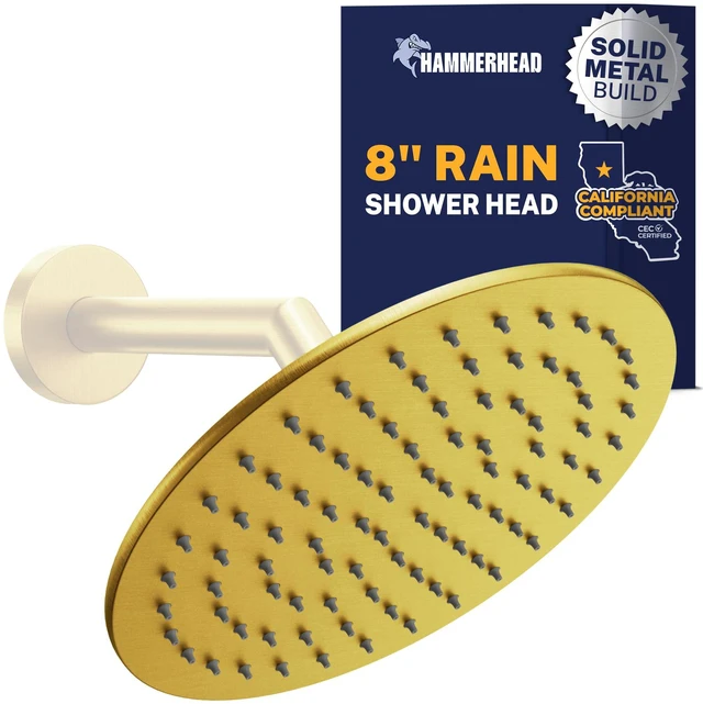 Main image of Solid Metal Round 8 Inch Rainfall Shower Head, High Flow Shower Head Optimized for Pressure, Brushed Gold, 1.75 GPM