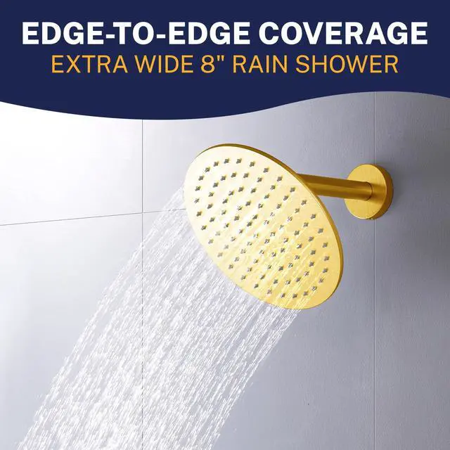 Alt view image 4 of 7 - Solid Metal Round 8 Inch Rainfall Shower Head, High Flow Shower Head Optimized for Pressure, Brushed Gold, 1.75 GPM