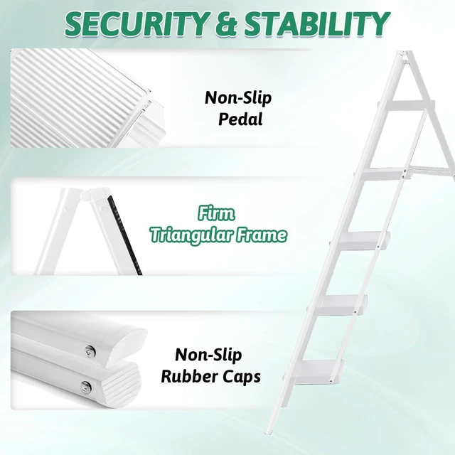 Alt view image 2 of 7 - 5-Step Folding Ladder, Heavy Duty Ladders for Home & Kitchen, Folding Ladder Easy to Store, Tall Ladder for Adults, Anti-Slip & Space-Saving Step Ladder, 330 Lbs Capacity, White