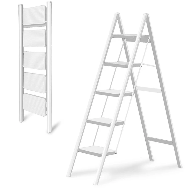 Main image of 5-Step Folding Ladder, Heavy Duty Ladders for Home & Kitchen, Folding Ladder Easy to Store, Tall Ladder for Adults, Anti-Slip & Space-Saving Step Ladder, 330 Lbs Capacity, White