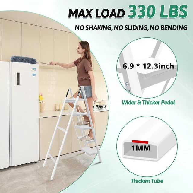 Alt view image 4 of 7 - 5-Step Folding Ladder, Heavy Duty Ladders for Home & Kitchen, Folding Ladder Easy to Store, Tall Ladder for Adults, Anti-Slip & Space-Saving Step Ladder, 330 Lbs Capacity, White