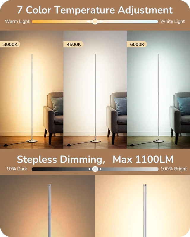 Alt view image 2 of 7 - 2 Pack 57.5 Corner Lamp with Remote, Stepless Dimmable & 7 CCT 2700-6000K, Foot Switch, Tall Corner Lamp for Bedrooms, Living Rooms, Offices, Sturdy Base, Silver