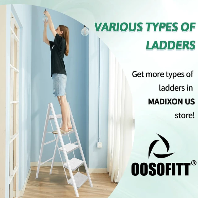 Alt view image 7 of 7 - 5-Step Folding Ladder, Heavy Duty Ladders for Home & Kitchen, Folding Ladder Easy to Store, Tall Ladder for Adults, Anti-Slip & Space-Saving Step Ladder, 330 Lbs Capacity, White
