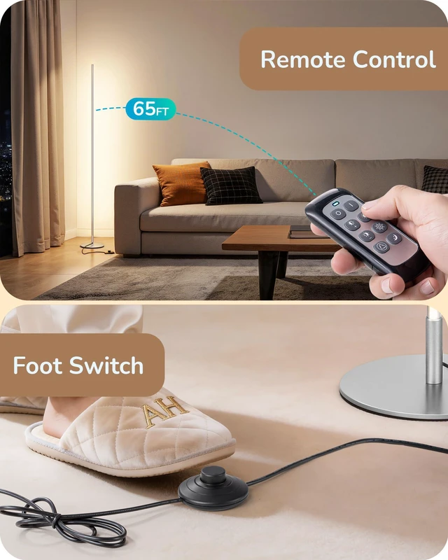 Alt view image 3 of 7 - 2 Pack 57.5 Corner Lamp with Remote, Stepless Dimmable & 7 CCT 2700-6000K, Foot Switch, Tall Corner Lamp for Bedrooms, Living Rooms, Offices, Sturdy Base, Silver