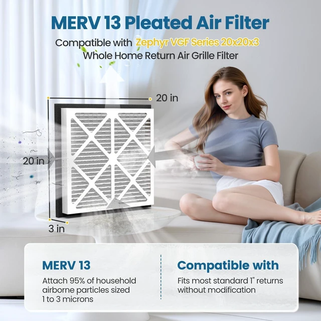 Alt view image 2 of 7 - 20x20x3 MERV 13 Air Filter Compatible with Zephyr VGF Series 20x20x3 Whole Home Deep Pleated Return Air Grille Filter, MERV 13 Air Filtration System, White, 2 Pack