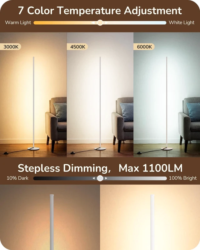 Alt view image 2 of 7 - 2 Pack 57.5 Floor Lamps with Remote, Stepless Dimmable & 7 CCT 2700-6000K, Foot Switch, Tall Corner Lamp for Bedrooms, Living Rooms, Offices, Sturdy Base, White