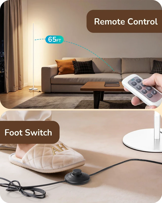 Alt view image 3 of 7 - 2 Pack 57.5 Floor Lamps with Remote, Stepless Dimmable & 7 CCT 2700-6000K, Foot Switch, Tall Corner Lamp for Bedrooms, Living Rooms, Offices, Sturdy Base, White