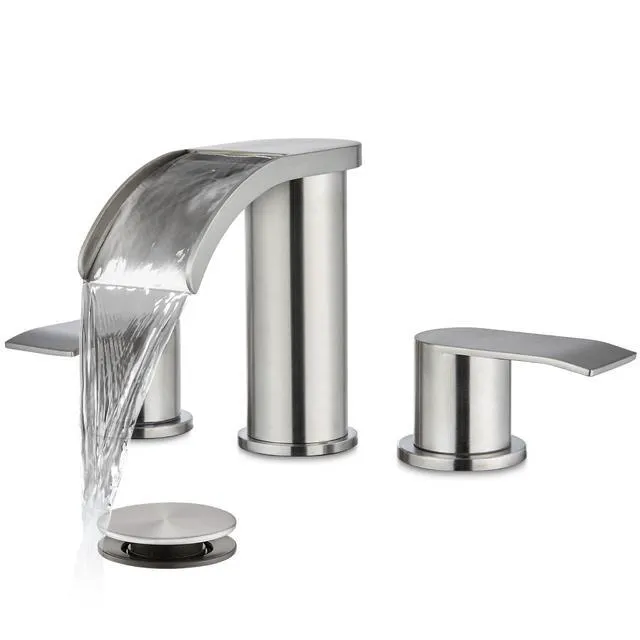 Main image of Waterfall Bathroom Faucet 3 Hole Round Body,Brushed Nickel SUS304 8 Widespread Bathroom Sink Faucet,2.17 Wide Spout,24 cUPC Hose,Pop Up Drain,2 Handle,Vanity,Lavatory,Basin,RV