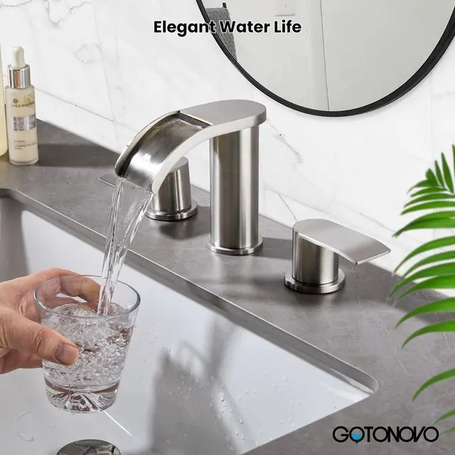 Alt view image 2 of 7 - Waterfall Bathroom Faucet 3 Hole Round Body,Brushed Nickel SUS304 8 Widespread Bathroom Sink Faucet,2.17 Wide Spout,24 cUPC Hose,Pop Up Drain,2 Handle,Vanity,Lavatory,Basin,RV