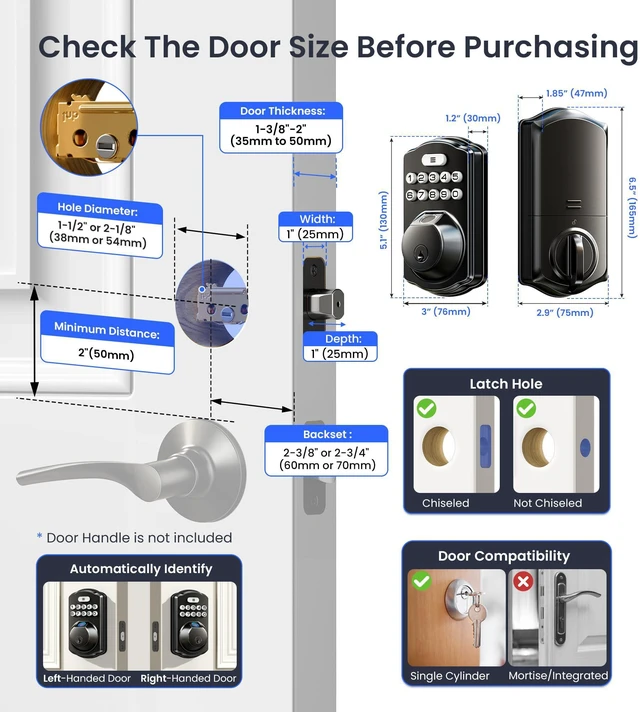 Alt view image 6 of 7 - VE012W WiFi Fingerprint Smart Lock for Front Door, Matte Black App Remote, Built-in WiFi, Alexa & Google Compatible, Real-Time Alerts, Low Battery Alarm, Keyless Entry Keypad Deadbolt