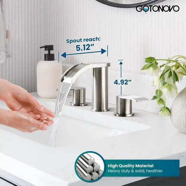 Alt view image 4 of 7 - Waterfall Bathroom Faucet 3 Hole Round Body,Brushed Nickel SUS304 8 Widespread Bathroom Sink Faucet,2.17 Wide Spout,24 cUPC Hose,Pop Up Drain,2 Handle,Vanity,Lavatory,Basin,RV
