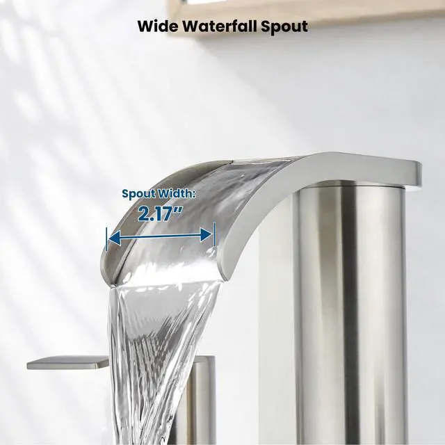 Alt view image 3 of 7 - Waterfall Bathroom Faucet 3 Hole Round Body,Brushed Nickel SUS304 8 Widespread Bathroom Sink Faucet,2.17 Wide Spout,24 cUPC Hose,Pop Up Drain,2 Handle,Vanity,Lavatory,Basin,RV