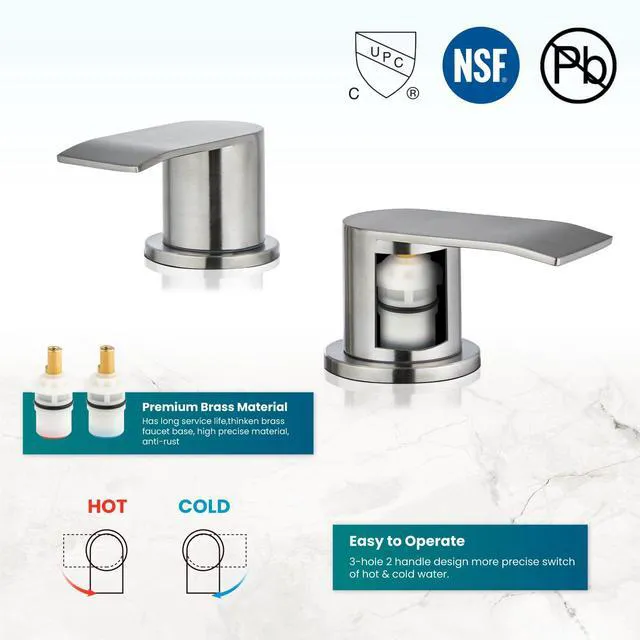 Alt view image 5 of 7 - Waterfall Bathroom Faucet 3 Hole Round Body,Brushed Nickel SUS304 8 Widespread Bathroom Sink Faucet,2.17 Wide Spout,24 cUPC Hose,Pop Up Drain,2 Handle,Vanity,Lavatory,Basin,RV