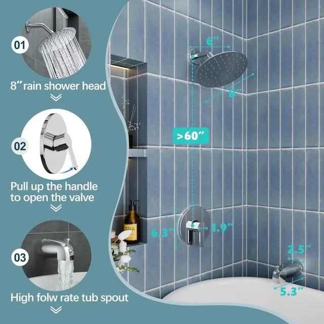 Alt view image 3 of 7 - Tub Shower Faucet Set, 8" Rain Shower Head & Spout, Polished Chrome All-Metal Rainfall Showerhead and Bathtub Spout, Single-Handle Tub Shower-Trim Kit Included Valve, for Bathroom