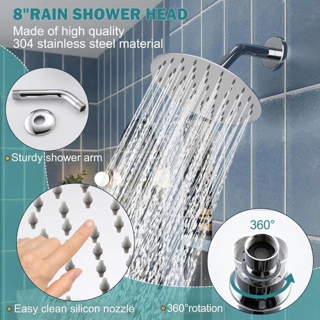 Alt view image 4 of 7 - Tub Shower Faucet Set, 8" Rain Shower Head & Spout, Polished Chrome All-Metal Rainfall Showerhead and Bathtub Spout, Single-Handle Tub Shower-Trim Kit Included Valve, for Bathroom