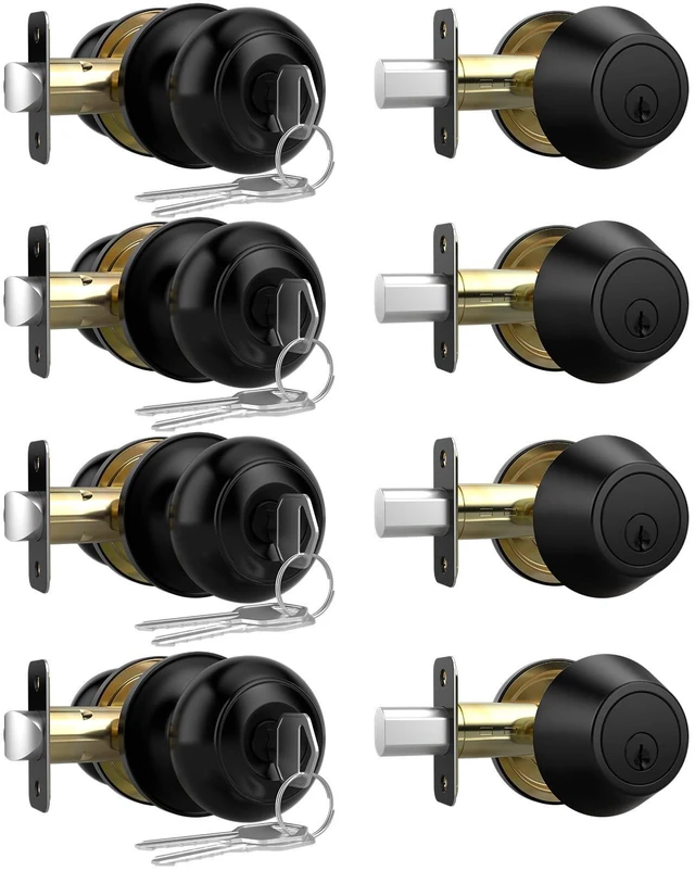 Main image of Exterior Door Knob with Lock, 4 Pack Keyed Entry Front Door Lock Set Keyed Alike Front Door Knob with Single Cylinder Deadbolt Lock Set, Matte Black Reversible Knob for Bedroom, Adjustable Latch