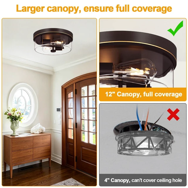 Alt view image 4 of 7 - Flush Mount Ceiling Light Fixtures, 2-Light Oil Rubbed Bronze Ceiling Mount for Farmhouse with Clear Glass Lampshade, Industrial Flush Mount Light Fixture for Hallway, Kitchen, Entryway and Foyer
